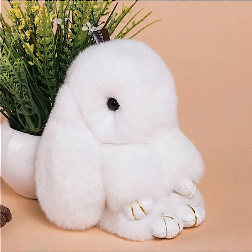 Fluffy 6” White Rex Bunny Bag Charm Keychain